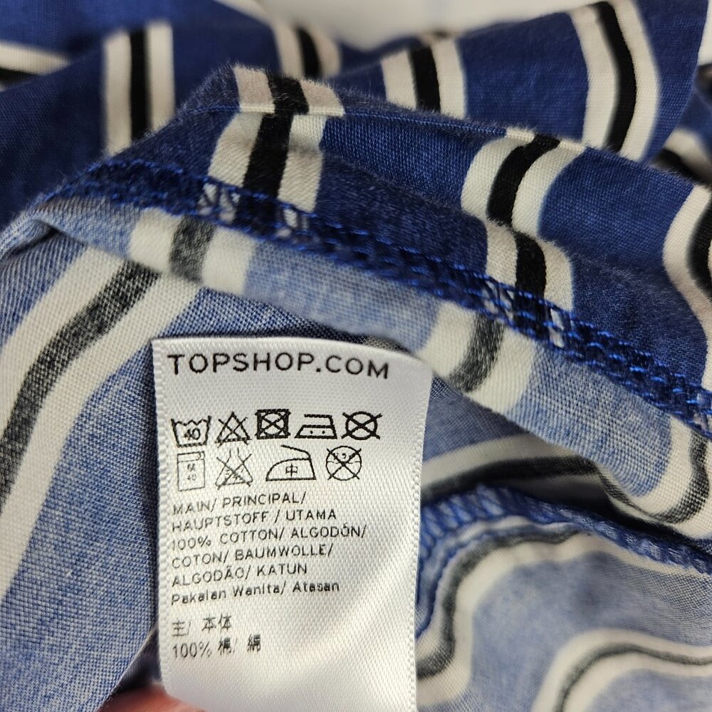Topshop Sz 4 US Blue Black Striped One Shoulder Tie Sleeve Top Blouse FLAW READ - Picture 12 of 13